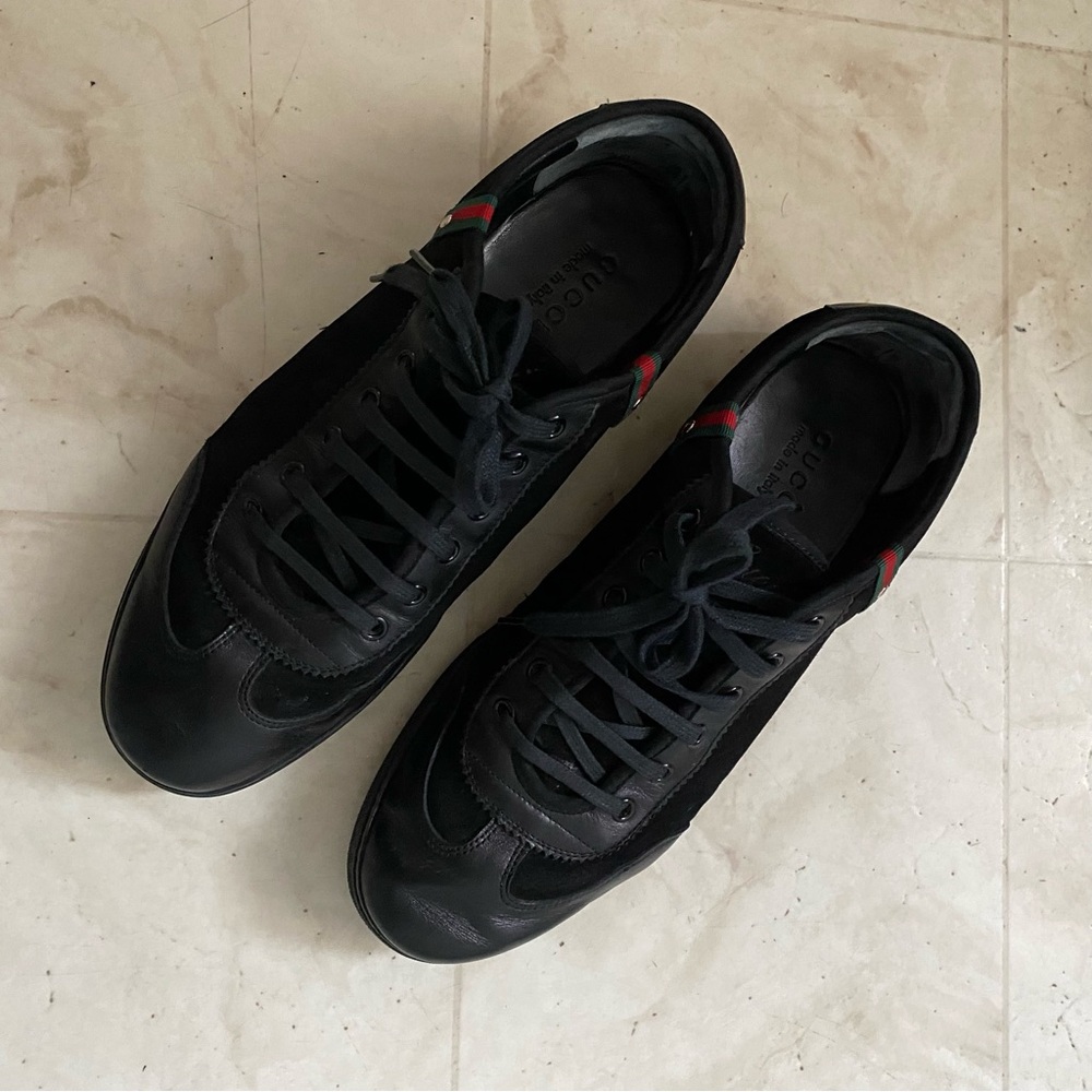 $985 Gucci Made in Italy Black Leather Suede Low Top Men's Sneakers Size 9 - Picture 4 of 12